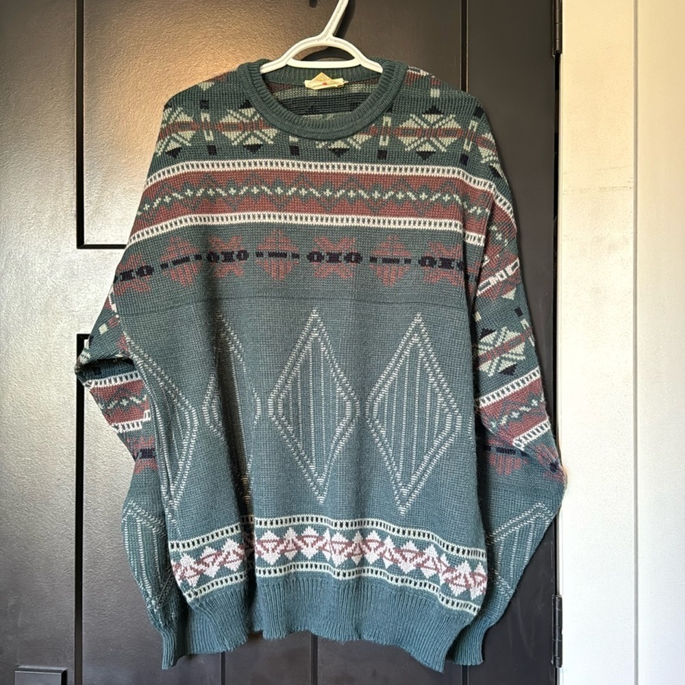 Vintage Fine Line Acrylic Knit Earthy Color Aztec Print Sweater
